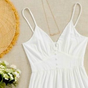 White summer dress, ruffle dress, thin strap.